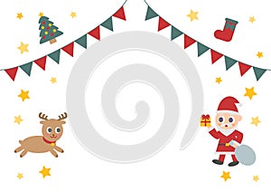 Illustration of Christmas. Cute Santa Claus and reindeer with gifts. Flag garland decorative frame.